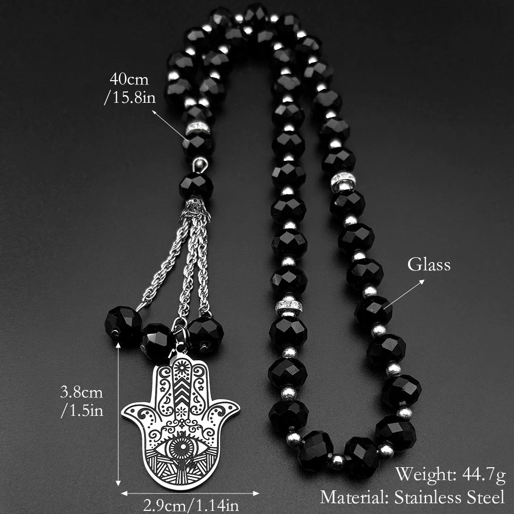 Hamsa Hand of Fatima Stainless Steel Car Pendant for Women Men Fatima´s Hand Turkish Eye Glass Prayer Beads Chain Jewelry Gift