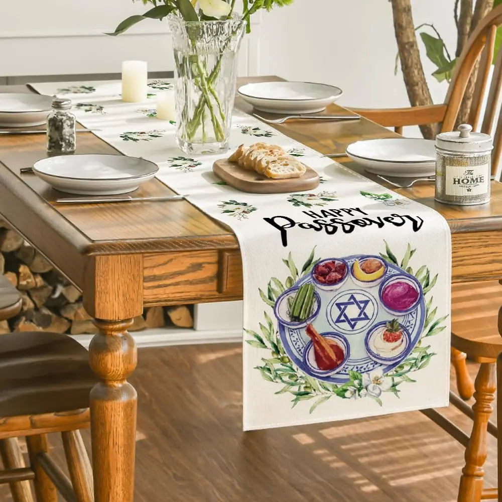 Happy Passover Linen Table Runner Holiday Party Decor Jewish Pesach Seder Plate Flowers Dining Table Runners Passover Decoration