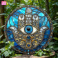 2D flat, 1 Hamsa hand wall decoration - turquoise blue and gold metal evil eye protection amulet "retro wooden sign