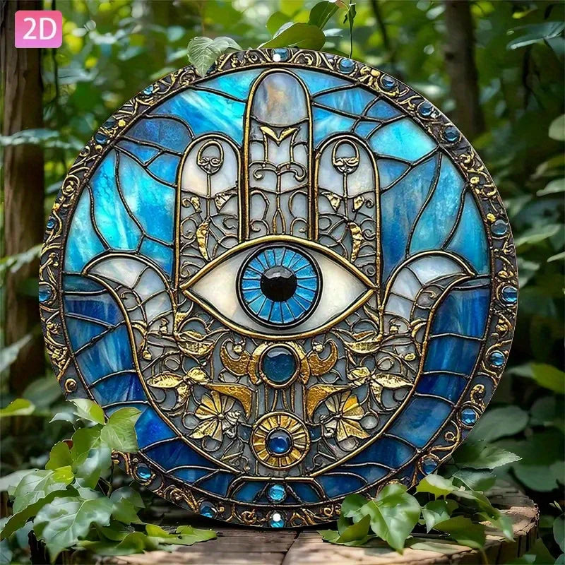 2D flat, 1 Hamsa hand wall decoration - turquoise blue and gold metal evil eye protection amulet "retro wooden sign