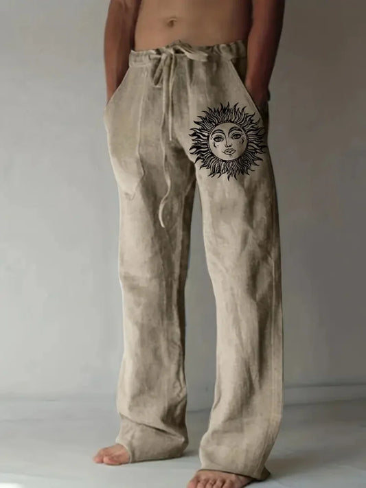 Retro Compass Printed Men's Casual Pants Harajuku Street Trendy Men's Straight Leg Pants Casual High Waisted Drawstring Pants