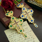 Gold Plated Catholic Orthodox Pectoral Cross with Red Green Gems and Jesus Icon Enamel for Clergy Church Liturgy Devotion Gift