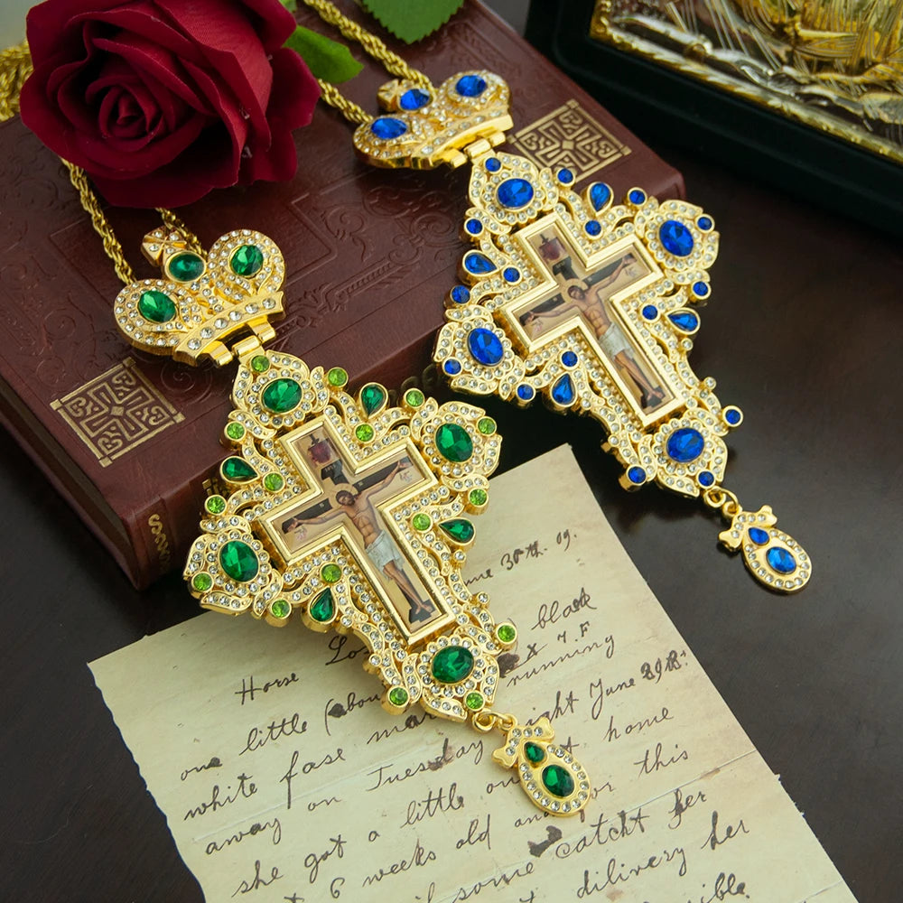 Gold Plated Catholic Orthodox Pectoral Cross with Red Green Gems and Jesus Icon Enamel for Clergy Church Liturgy Devotion Gift