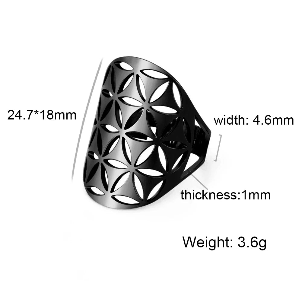 Unift Sacred Geometry Flower of Life Ring Adjustable Stainless Steel Ring Men Women Accessories Vintage Filigree Jewelry Gifts