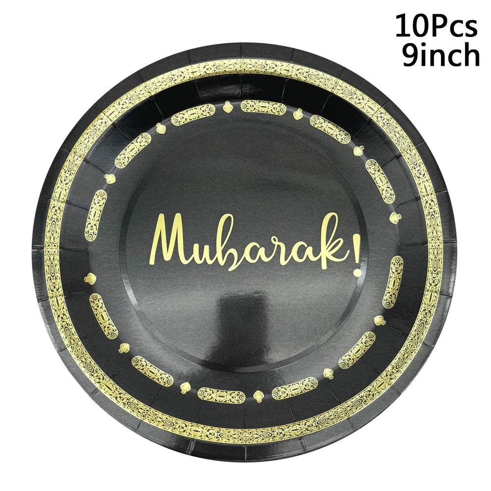 1bag Eid Al-Adha Umrah Mubarak Disposable Paper Cup Plate Ramadan Mubarak kareem Hijab Muslim Islamic Festival Party Decoration