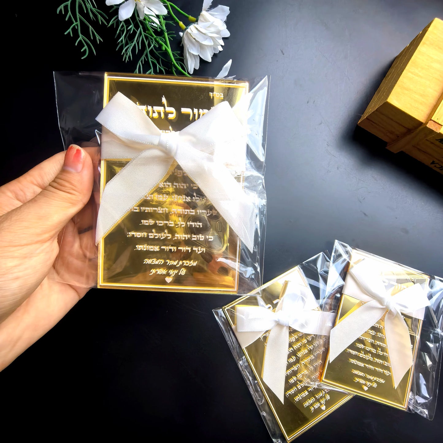 Hot Mirror Gold Custom Wedding Invitation Card,Acrylic Hebrew,Prayer Blessings,Candle Design Bar Mitzvah Wood,Souvenir,Tied Bow