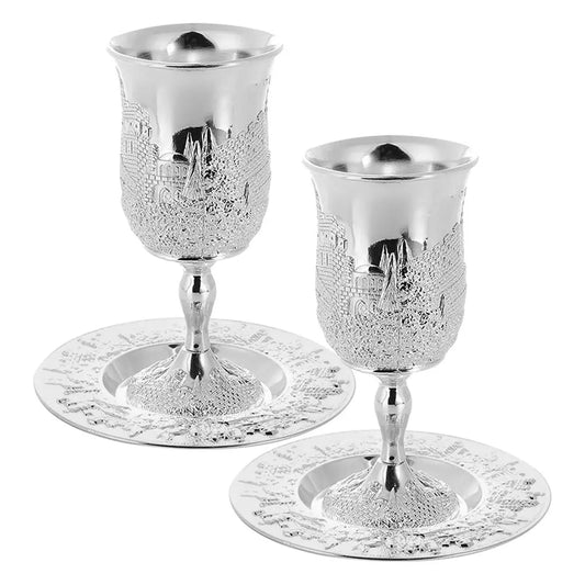 2Set Jewish Ritual Cup Set Metal Shabbos Wine Goblet with Intricate Embossing for Sabbath Holiday Ceremonies Zinc Alloy Blessing