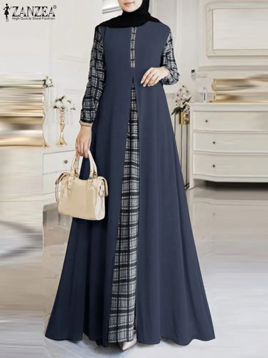 2024 ZANZEA Autumn Long Sleeve Plaid Checked Muslim Sundress Women Patchwork Maxi Dress Robe Femme Eid Mubarek Hijab Vestido