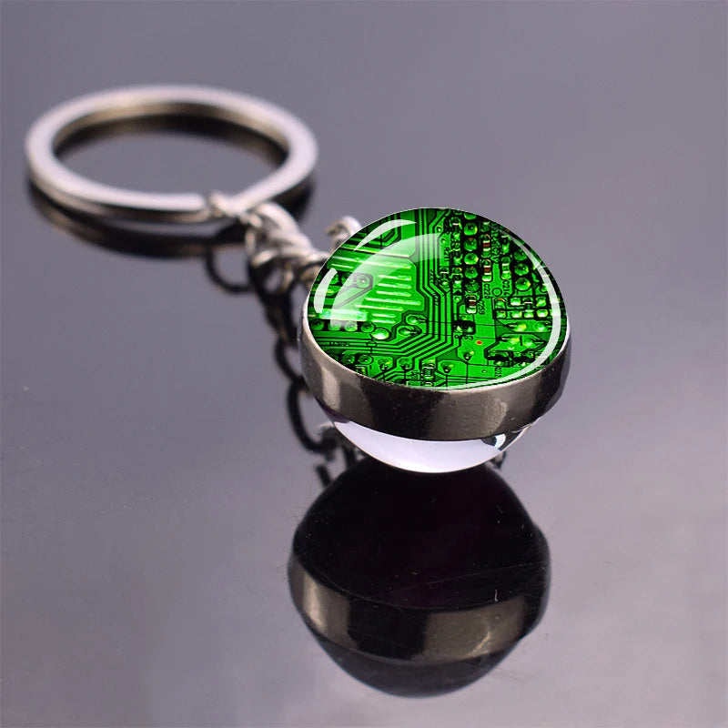 Circuit Board Pattern Keychains Double Sided Glass Ball Pendant Key Chains Computer Geek Keyring Creative Fashion Jewelry Gifts