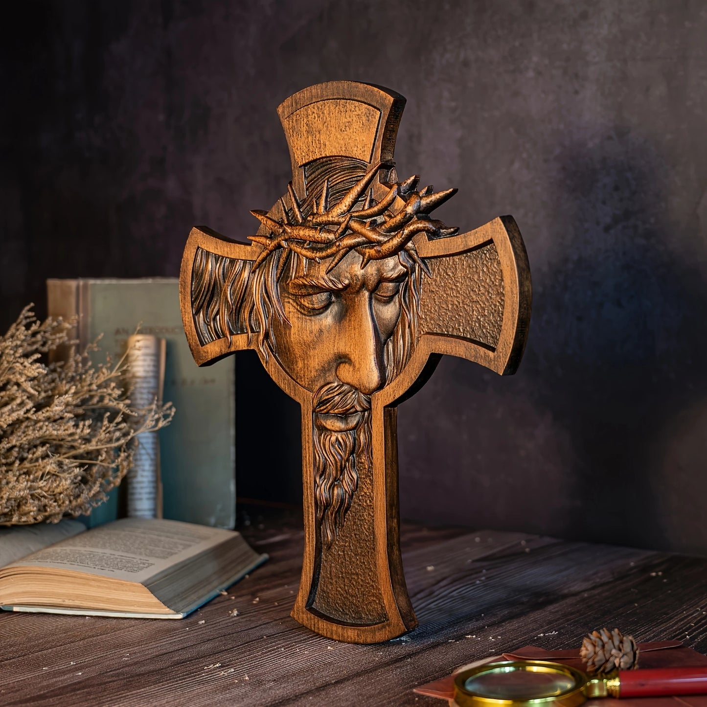 2D Flat Retro Wooden Cross Decoration with Thorn Crown Jesus Christian Statue Wall Hanging for Religious Christmas Room Decor