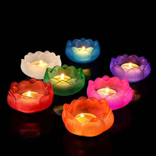 Colorful Glass Lotus Candle Holder Buddhist Altar Lamp Butter Lamp Stand, Ever-Burning Candlestick for Worship & Home Decoration