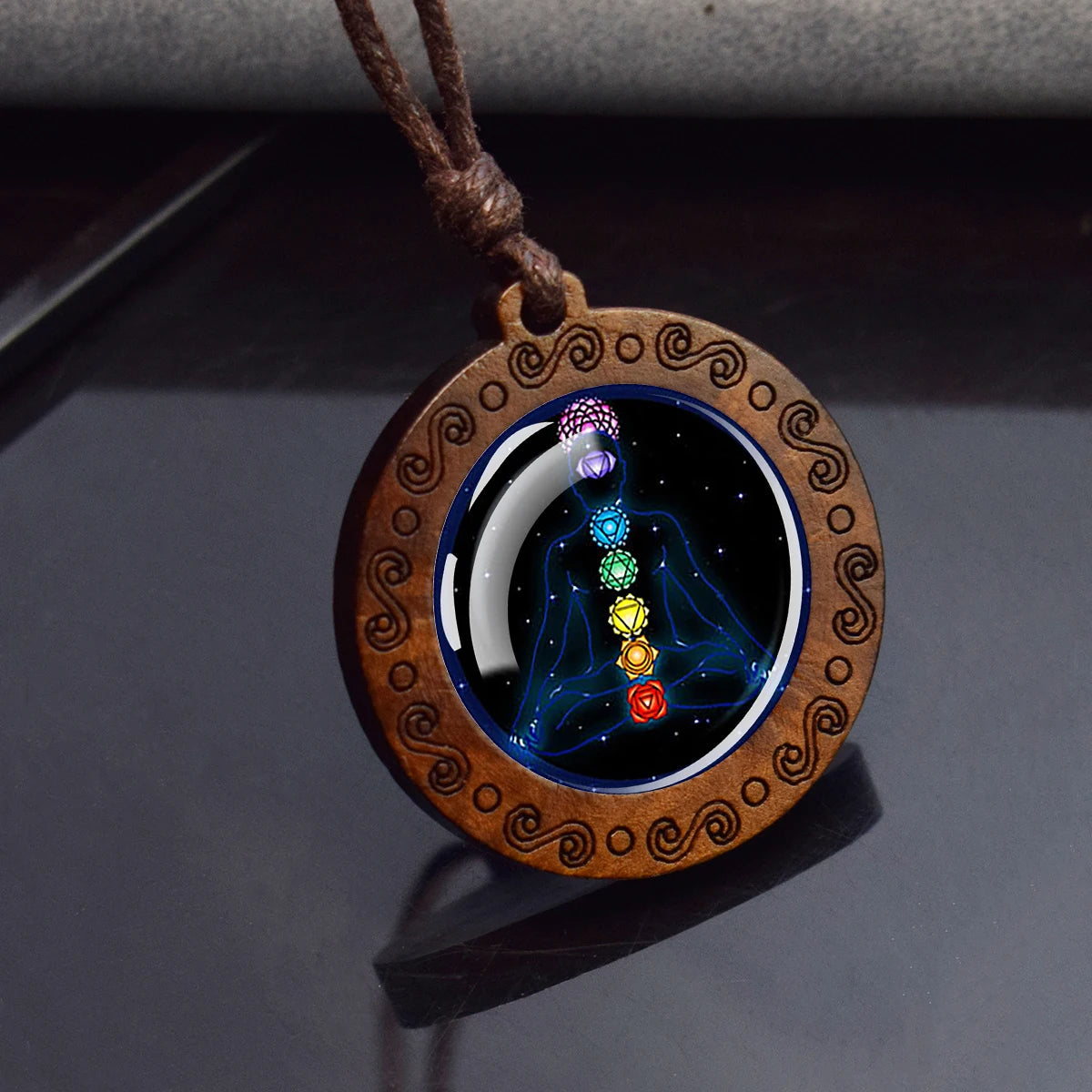 7Chakra Symbol Necklace Yoga Meditation Glass Dome Vintage Wooden Pendant Rope Chains Necklace Women Men Indian Buddhism Jewelry