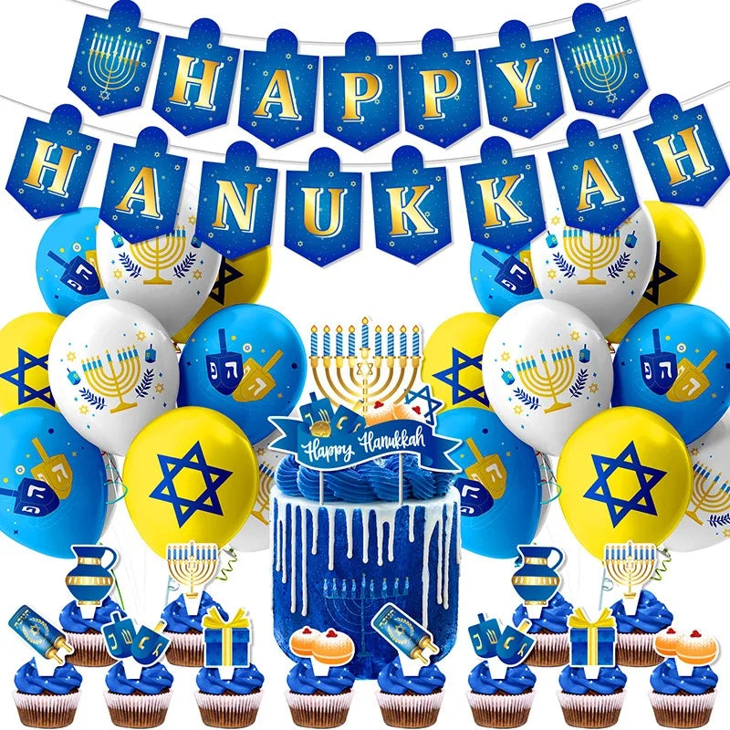 Jewish Hanukkah Birthday Party Decoration Cake Topper Balloon Candle Chanukah Party Supplies Tableware Banner Backdrop