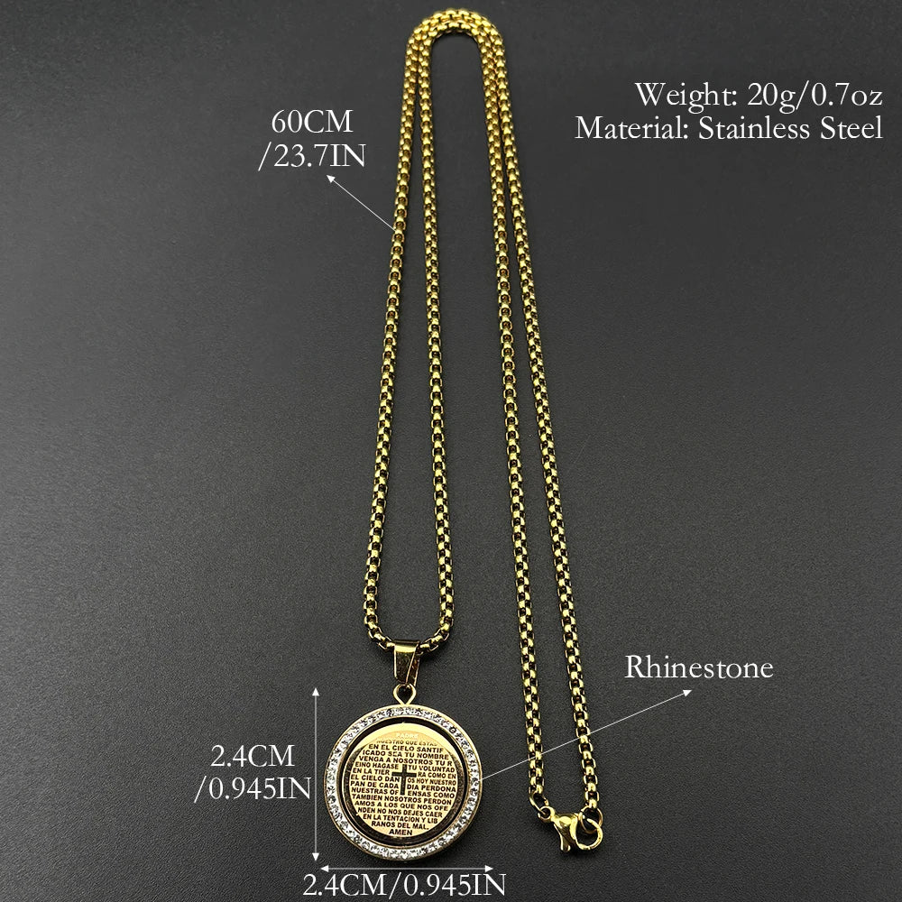 The Lord's Prayer God Jesus Cross Bible Spainsh Verse Necklace for Women Men Stainless Steel Crystals Chain Rotatable Jewelry