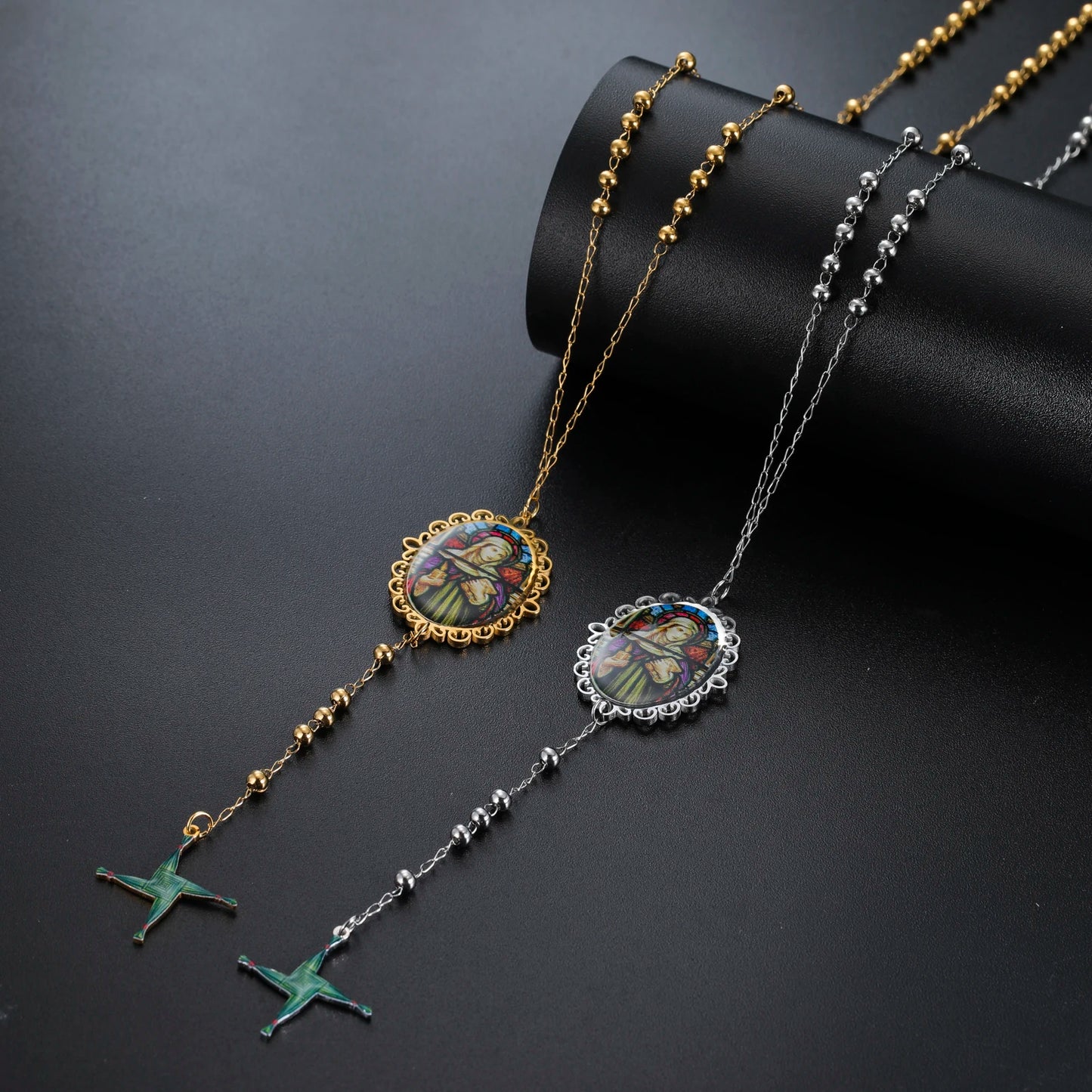 Kkjoy Saint Brigid Goddess Cross Rosary Necklace Stainless Steel Gold Silver Print Celtic Religious Irish Vintage Faith Jewelry