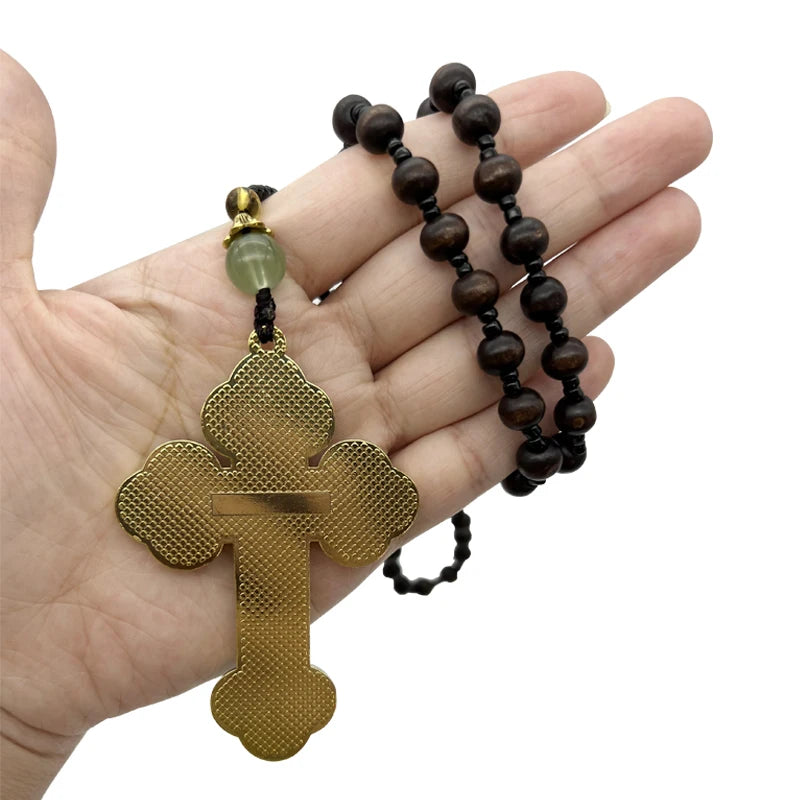 HTISOK Orthodox Crucifix Gold Cross Necklace Wooden Rosary Beaded Chain Religious Jesus Prayer Jewelry