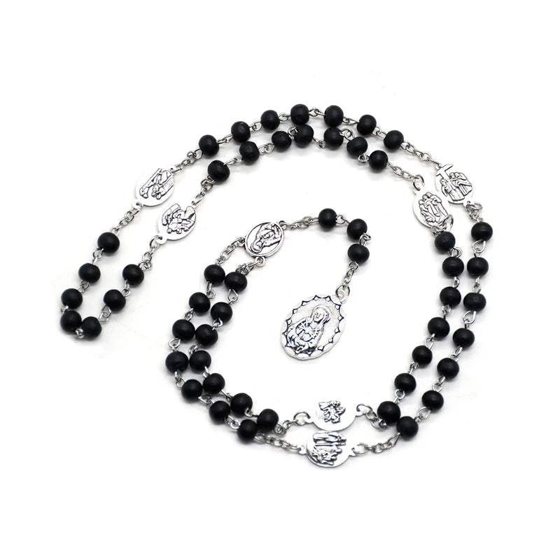 The Seven Bitter Rosary Church Catholic Wood Beads Virgin Pendant Necklace Religious Jewelry Black Red