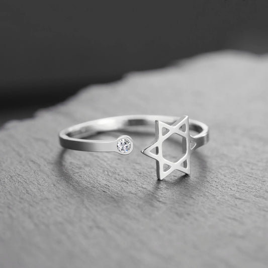 Teamer Jewish Star of David Open Ring with Clear Zircon Stainless Steel Ring Women Hexagram Jewelry Birthday Gift Wholesale