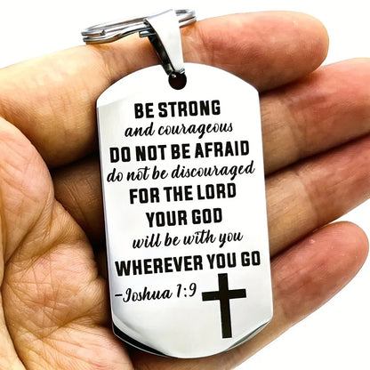 1pc Cross Christian Gifts Inspirational Bible Verse Keychain, Be Strong And Courageous Pendant,  Religious Jewelry For Birthday