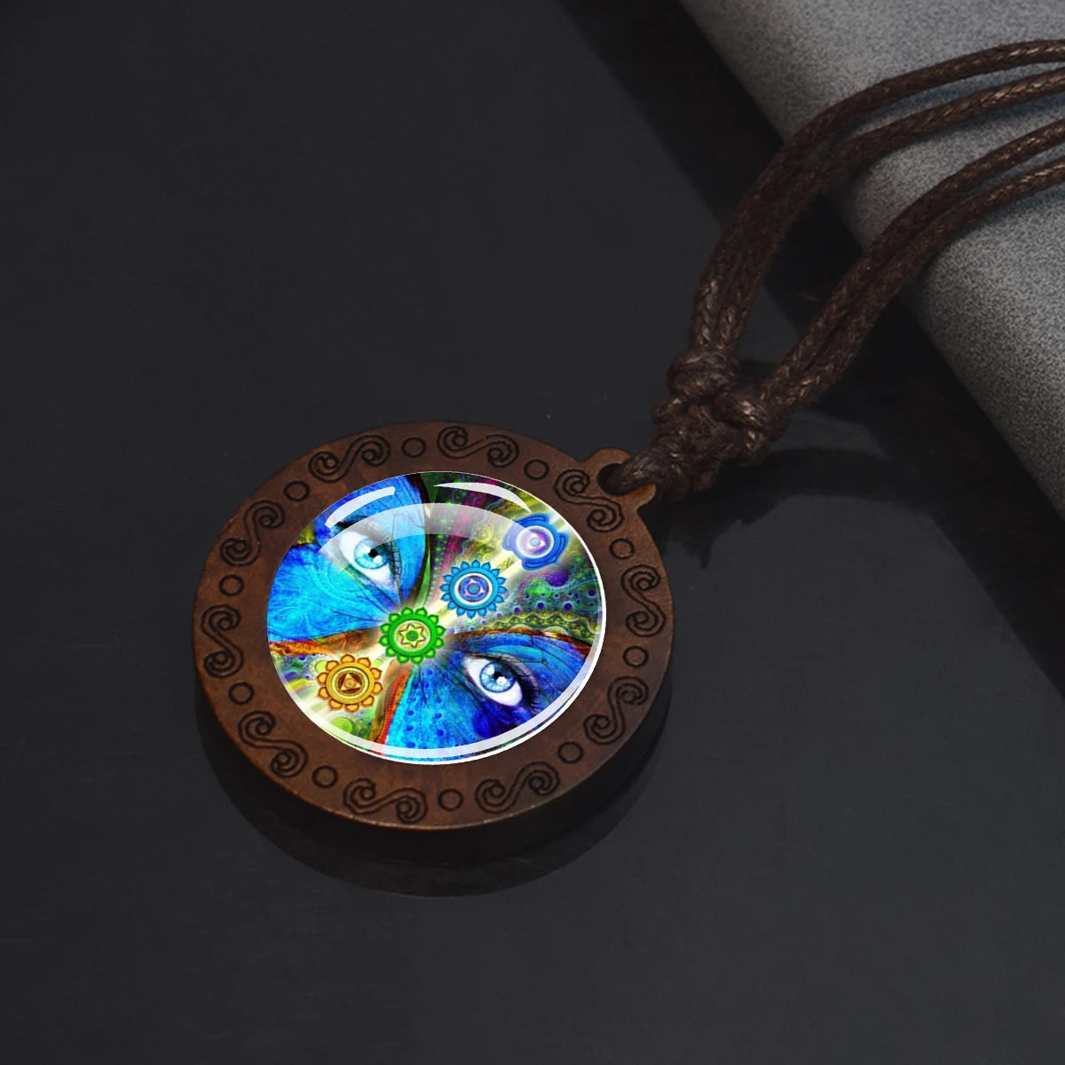 7Chakra Symbol Necklace Yoga Meditation Glass Dome Vintage Wooden Pendant Rope Chains Necklace Women Men Indian Buddhism Jewelry