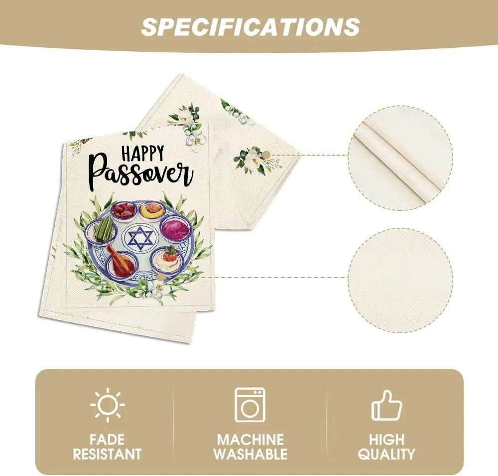 Happy Passover Linen Table Runner Holiday Party Decor Jewish Pesach Seder Plate Flowers Dining Table Runners Passover Decoration