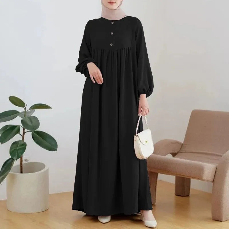Casual Puffed Sleeve Maxi Dresses for Women Simple Loose Solid Muslim Dresses Fashion Kaftan Turkey Dubai Robe Elegant Vestidos