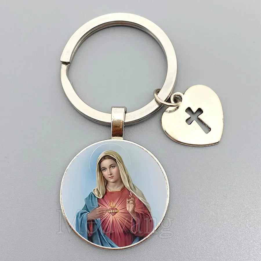 Jesus Sacred Heart Keychain Virgin Mary Glass Dome Key chain Catholic Men's and Women's Jewelry Gifts