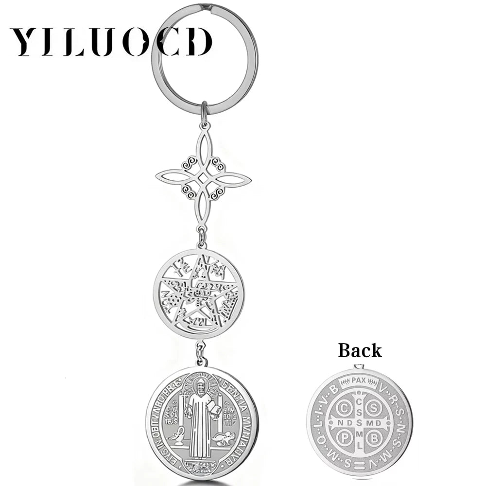 Triple Protection Pendant Keychain with Witch Knot and St Benedict Exorcism Medal Pentagram Tetragrammaton Keyring Amulet