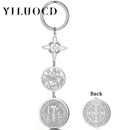 Triple Protection Pendant Keychain with Witch Knot and St Benedict Exorcism Medal Pentagram Tetragrammaton Keyring Amulet