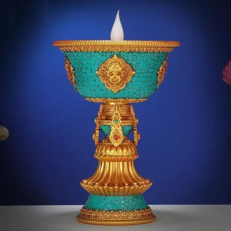 QX2E Tibetan Candlestick Smokeless Electronic Butter Lamp Rechargeable Holder Altars Light Buddhist Desktop Ornament
