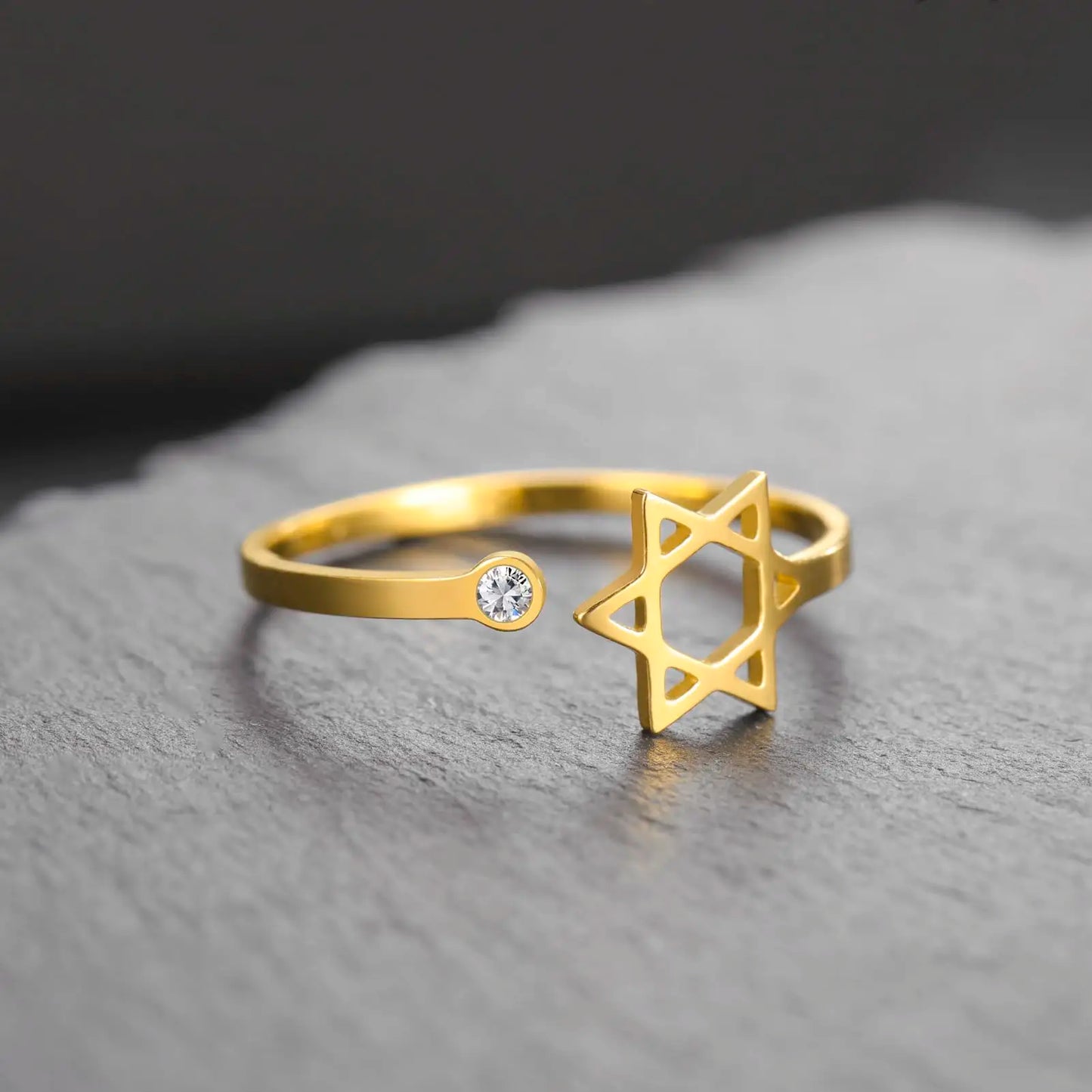 Dreamtimes Star of David Rings for Women Stainless Steel Adjustable Open Rings with Clear Zircon Hexagram Jewish Ring Jewelry
