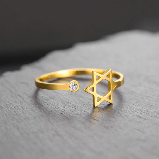 Dreamtimes Star of David Rings for Women Stainless Steel Adjustable Open Rings with Clear Zircon Hexagram Jewish Ring Jewelry