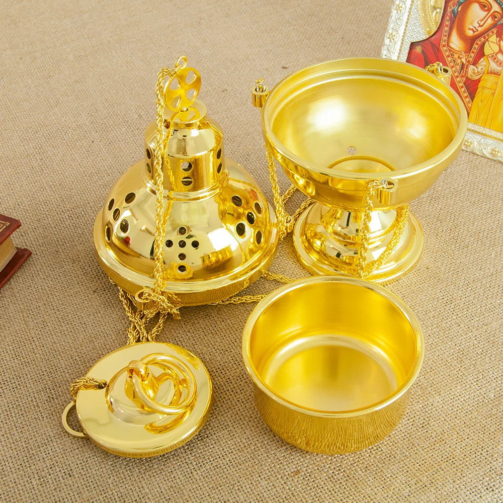 HTISOK Church Supplier High Polished Gold Plated Hanging Incense Burner Orthodox Censer Church Home Decoration Catholic Chalice