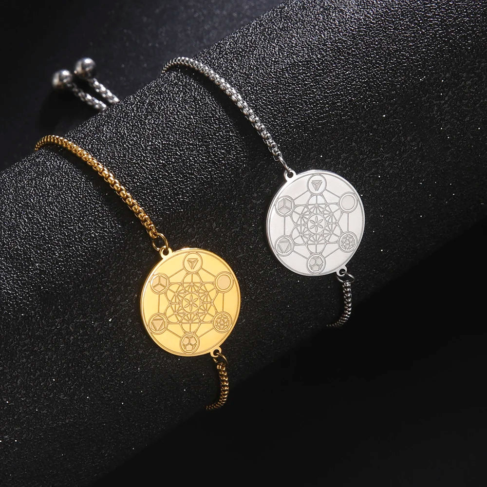 Dawapara Metatrons Cube Kabbalah King Solomon Seal Coin Bracelet Gifts for Women Sacred Geometry Amulet Stainless Steel Jewelry