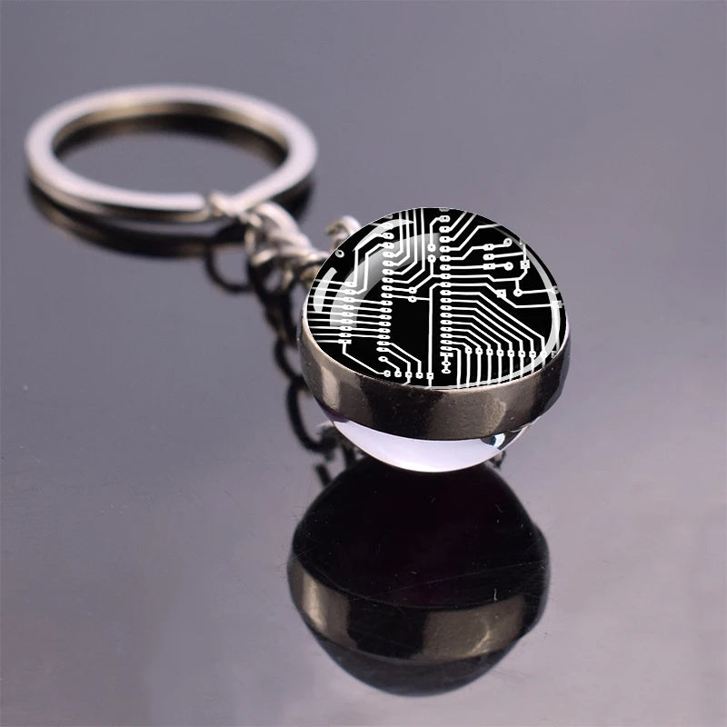 Circuit Board Pattern Keychains Double Sided Glass Ball Pendant Key Chains Computer Geek Keyring Creative Fashion Jewelry Gifts