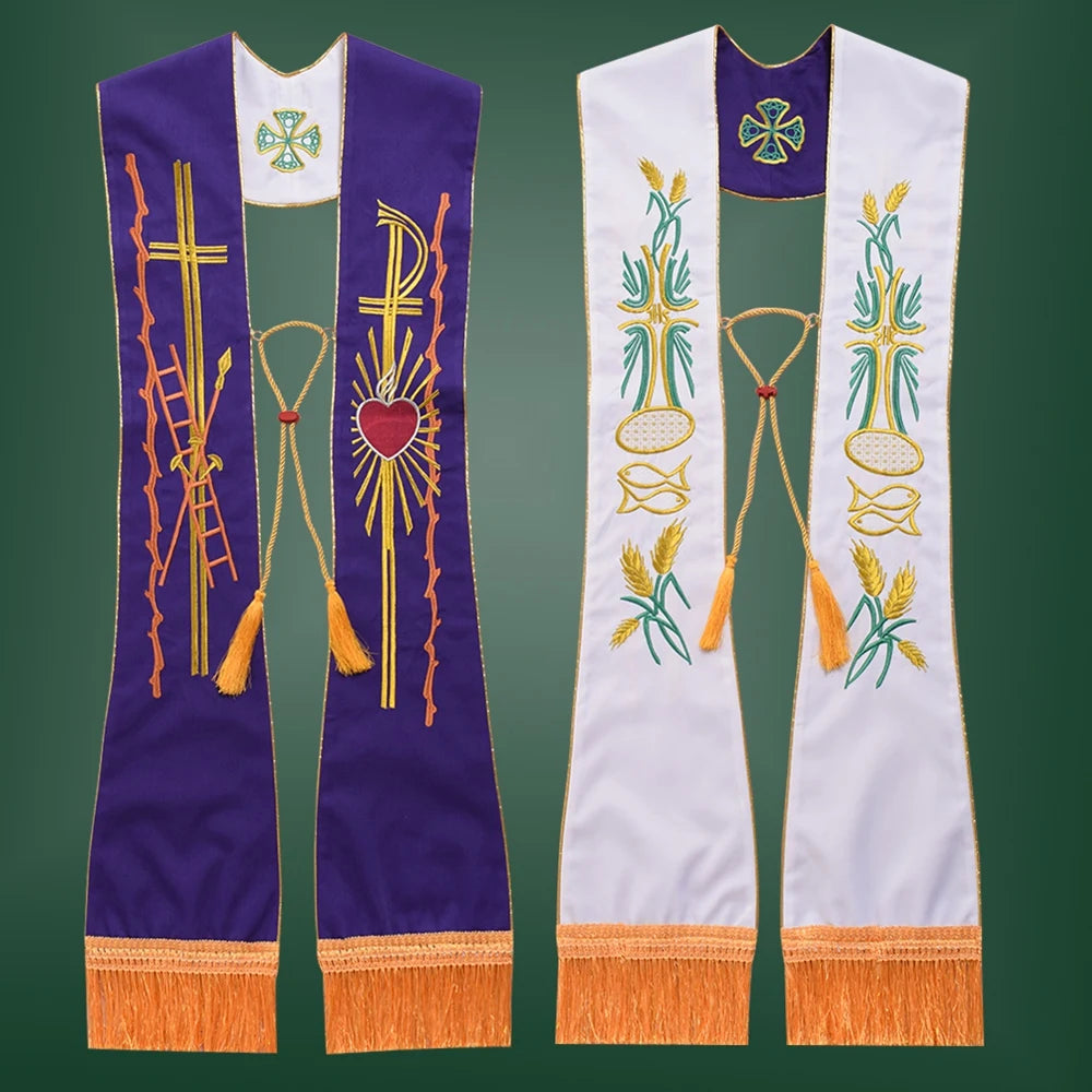Clergy Stole Church Overlay Double Sided Cross Gold Tassels Scarf for Priest Choir