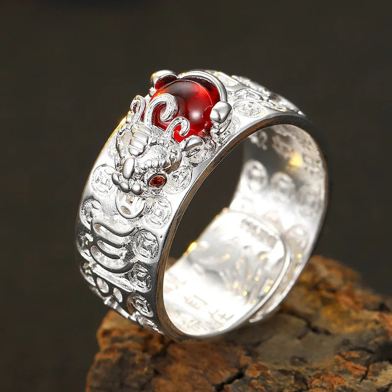 Domineering China Feng Shui Brass Pixiu Ring 2022 Amulet Wealth Good Luck Jewelry Inlaid Red Beads Copper Coin Adjustable Ring