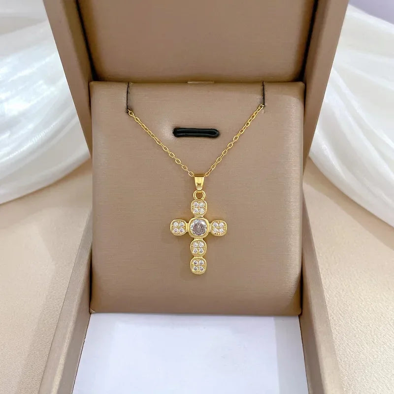 Exquisite Gold Color Stainless Steel Inlaid Crystal Cross Pendant Necklace for Women Men Luxury Full of Zircon Chokers Jewelry