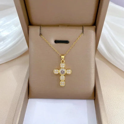 Exquisite Gold Color Stainless Steel Inlaid Crystal Cross Pendant Necklace for Women Men Luxury Full of Zircon Chokers Jewelry