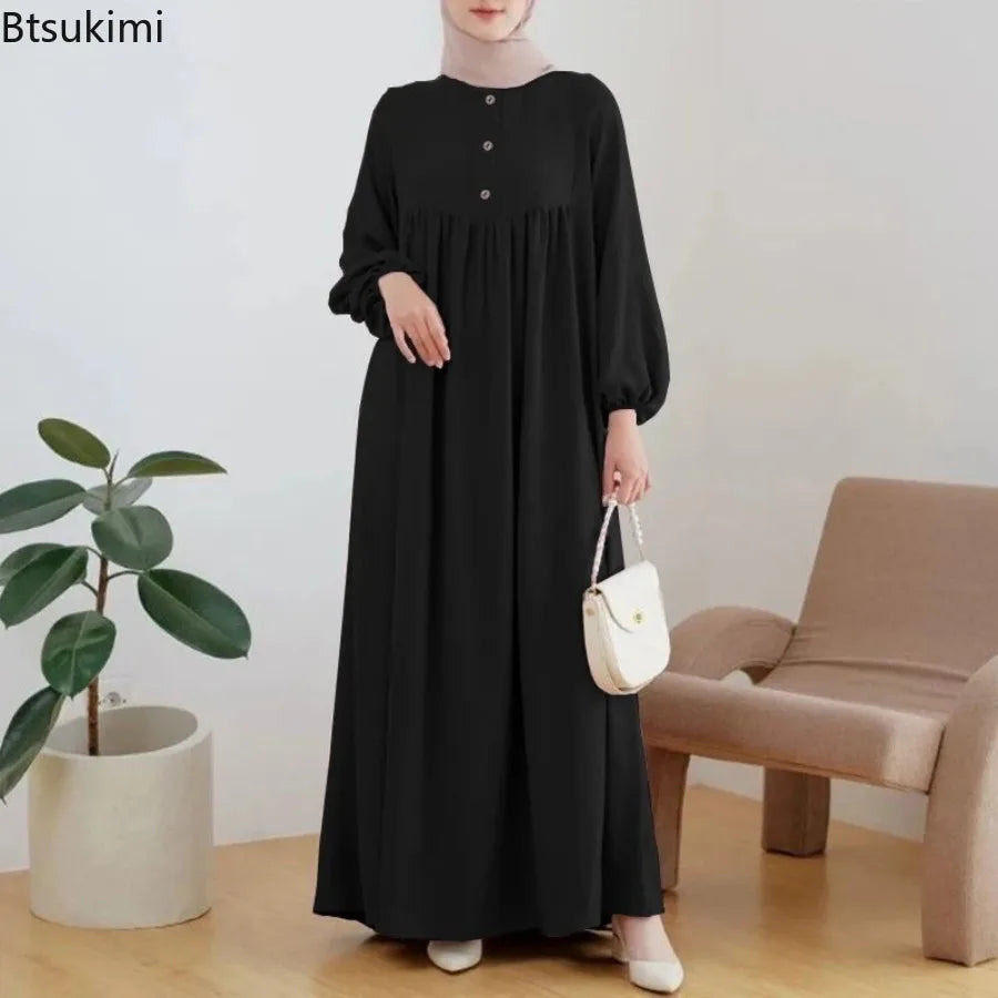 Casual Puffed Sleeve Maxi Dresses for Women Simple Loose Solid Muslim Dresses Fashion Kaftan Turkey Dubai Robe Elegant Vestidos