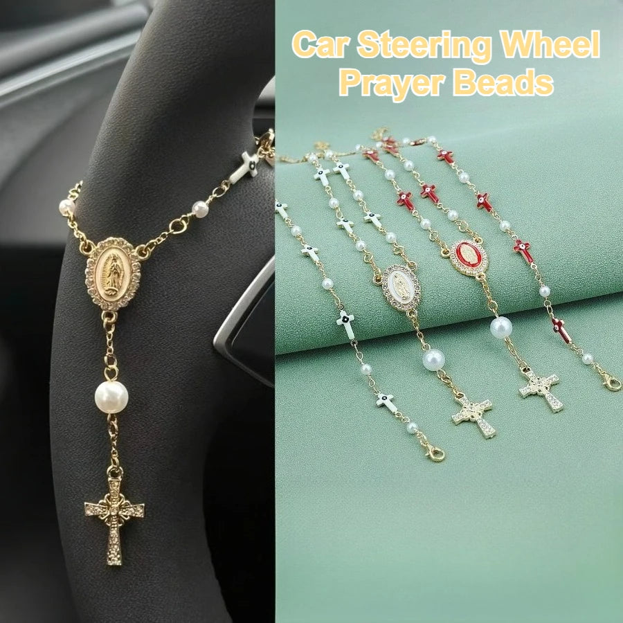 Car Steering Wheel Prayer Beads, Evil Eye Cross Virgin Mary Bracelet, Aluminum Pendant Keychain, Baptism Decor & Car Accessory