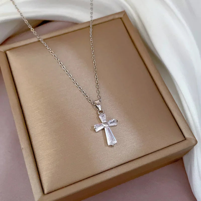 Exquisite Gold Color Stainless Steel Inlaid Crystal Cross Pendant Necklace for Women Men Luxury Full of Zircon Chokers Jewelry