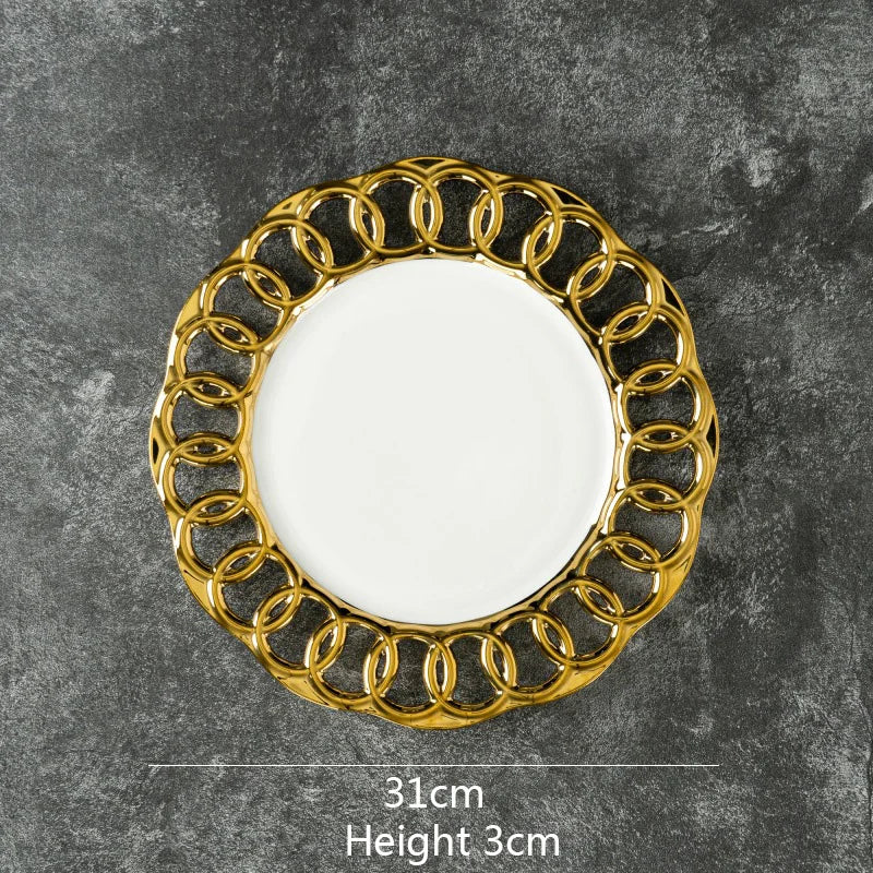 Gold Plated Hollow Out Ceramic Plate Steak Plate Dessert Snack Plate Fruit Salad Plates Service Plates Restaurant Tableware