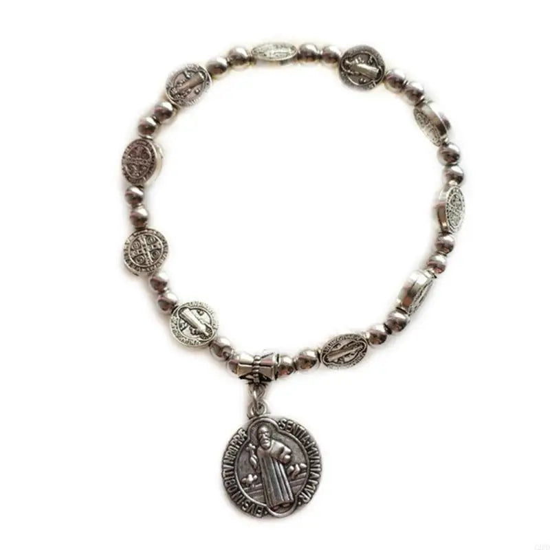 12PD Crystal Beads Stretch Rosary Bracelets with Crucifix Pendants Prayer Bracelets for Men Women Unisex Jewelry