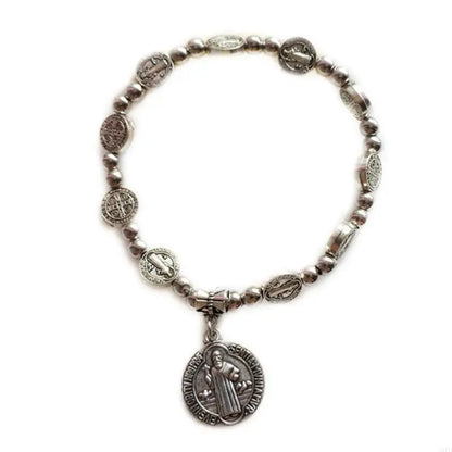 12PD Crystal Beads Stretch Rosary Bracelets with Crucifix Pendants Prayer Bracelets for Men Women Unisex Jewelry