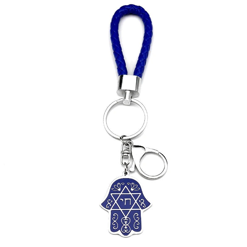 Hebrew Judaism Hexagram Jewish Hamsa Hand Fish Eyes Key Chain Stainless Steel Blue Color David Star Hand of Fatima Jewelry