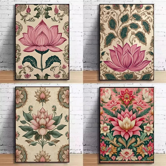 Vintage Traditional Indian Lotus Flower Meditation Zen Pichwai Poster Canvas Painting Wall Art Pictures Home Yoga Interior Decor