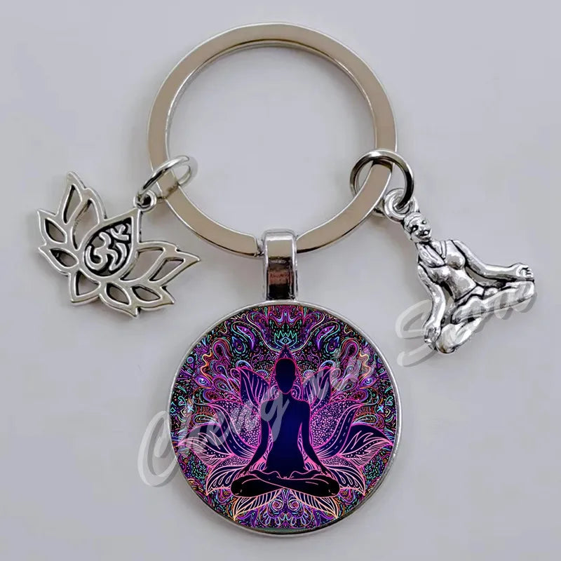 Indian Buddha Meditation 7 Chakra Mandala Psychedelic Yoga Glass Cabochon Keychain Ornament