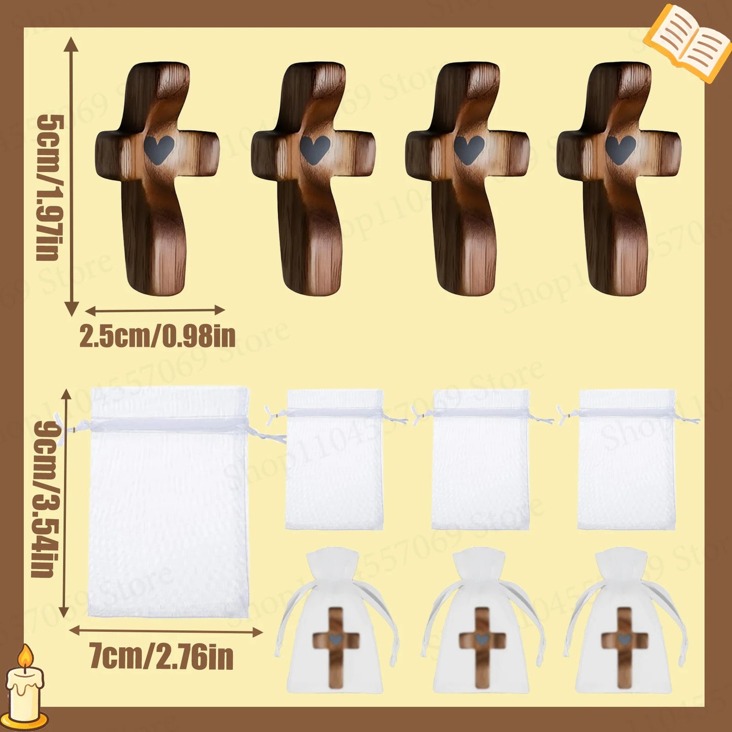 20-100Pcs Wooden Cross Fidget with Organza Bags Prayer Cross for Hand Handmade Pocket Wood Crosses Christian Encouragement Gift