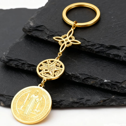 Triple Protection Pendant Keychain with Witch Knot and St Benedict Exorcism Medal Pentagram Tetragrammaton Keyring Amulet